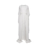 Velvety Couture white floor-length gown with chiffon cape sleeves, pleated bodice, and embroidered straight skirt.