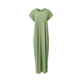 Front view of the base Velvety maxi dress in sage green with short sleeves and a round neckline.