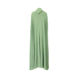 Rear view of the sage green cape overlay showing the seamless drape and floor-length silhouette.