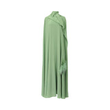 Front view of a Velvety sage green maxi dress featuring a dramatic floor-length cape with beaded and feathered trim
