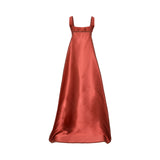 Velvety Couture orange satin gown with square neckline and flowing A-line silhouette for elegant evening occasions. Shop the Latest Online.