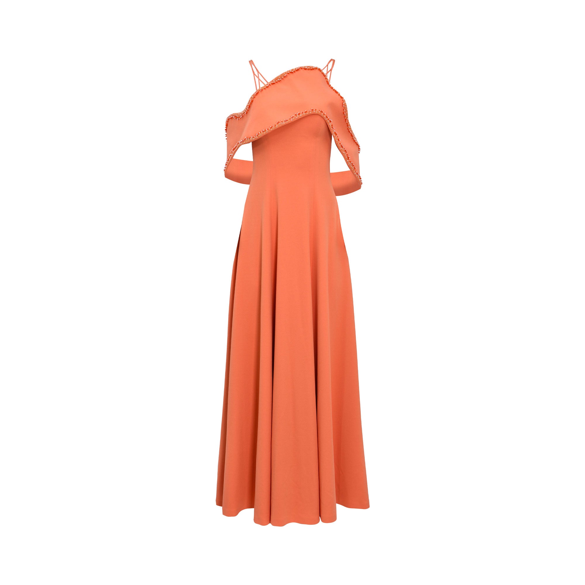 Velvety Couture coral gown with draped ruffled neckline, beaded trim, and flowing A-line silhouette. Find Online Today.