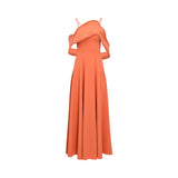 Velvety Couture coral gown with draped ruffled neckline, beaded trim, and flowing A-line silhouette. Find Online Today.