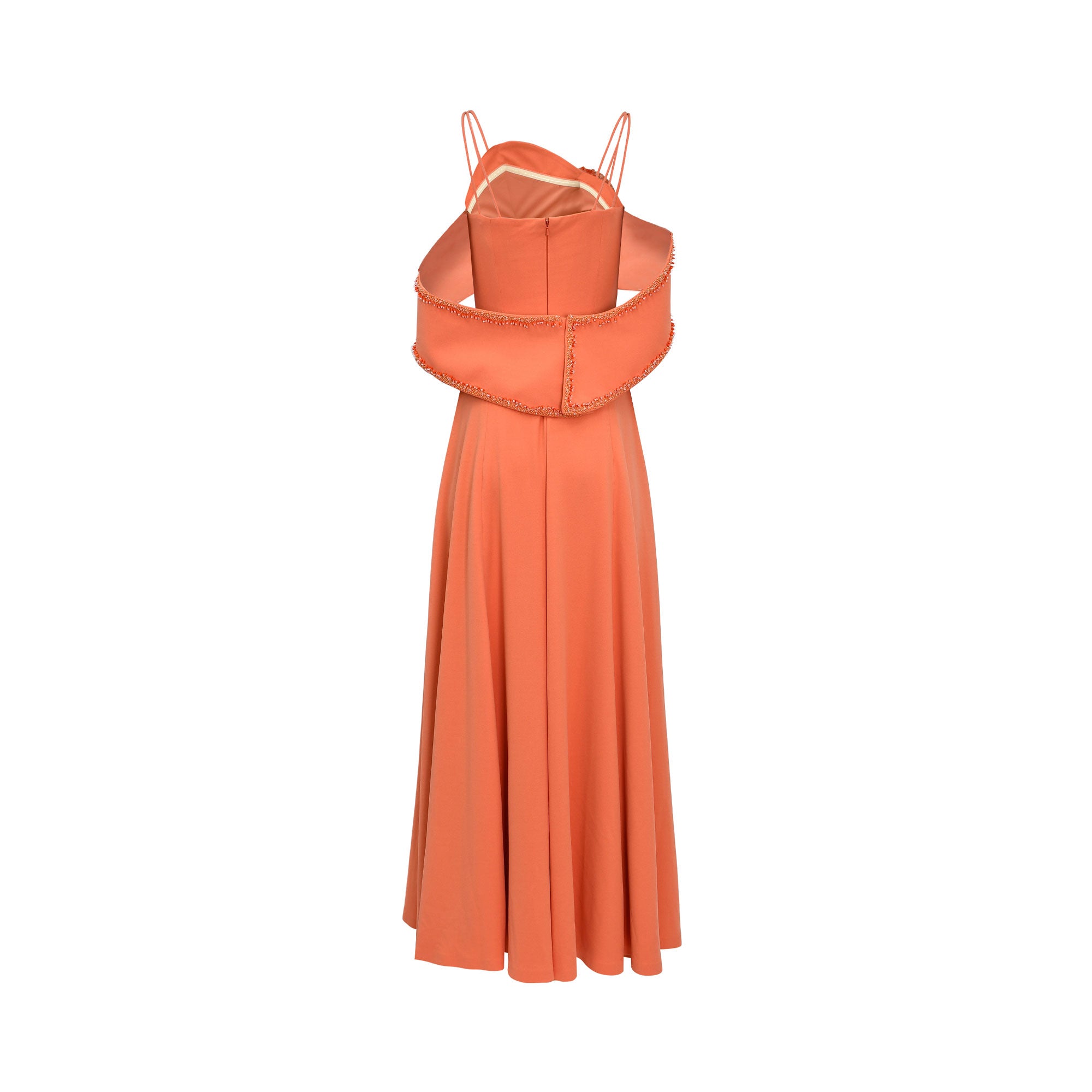 Velvety Couture coral gown with draped ruffled neckline, beaded trim, and flowing A-line silhouette. Find Online Today.