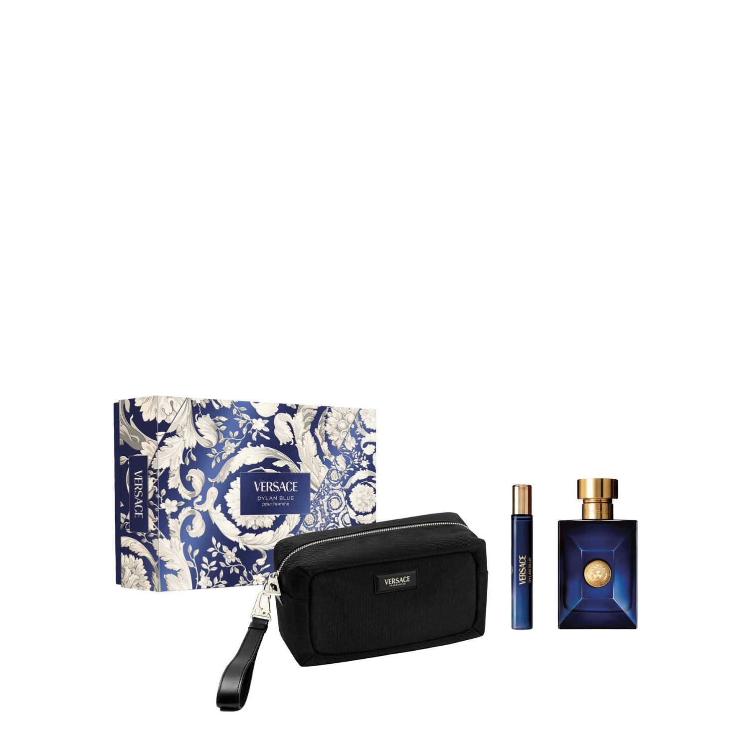Versace Dylan Blue pour homme gift set showcasing a blue patterned baroque gift box, a black zippered toiletry bag with a wristlet strap, a travel spray vial, and the signature dark blue and gold square cologne bottle.