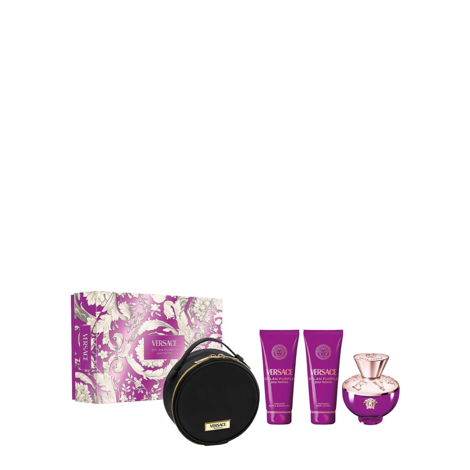 Versace Dylan Purple pour femme gift set featuring a purple patterned box, a round black vanity bag with a gold zipper, bath and shower gel, body lotion, and the signature purple and rose gold perfume flacon.