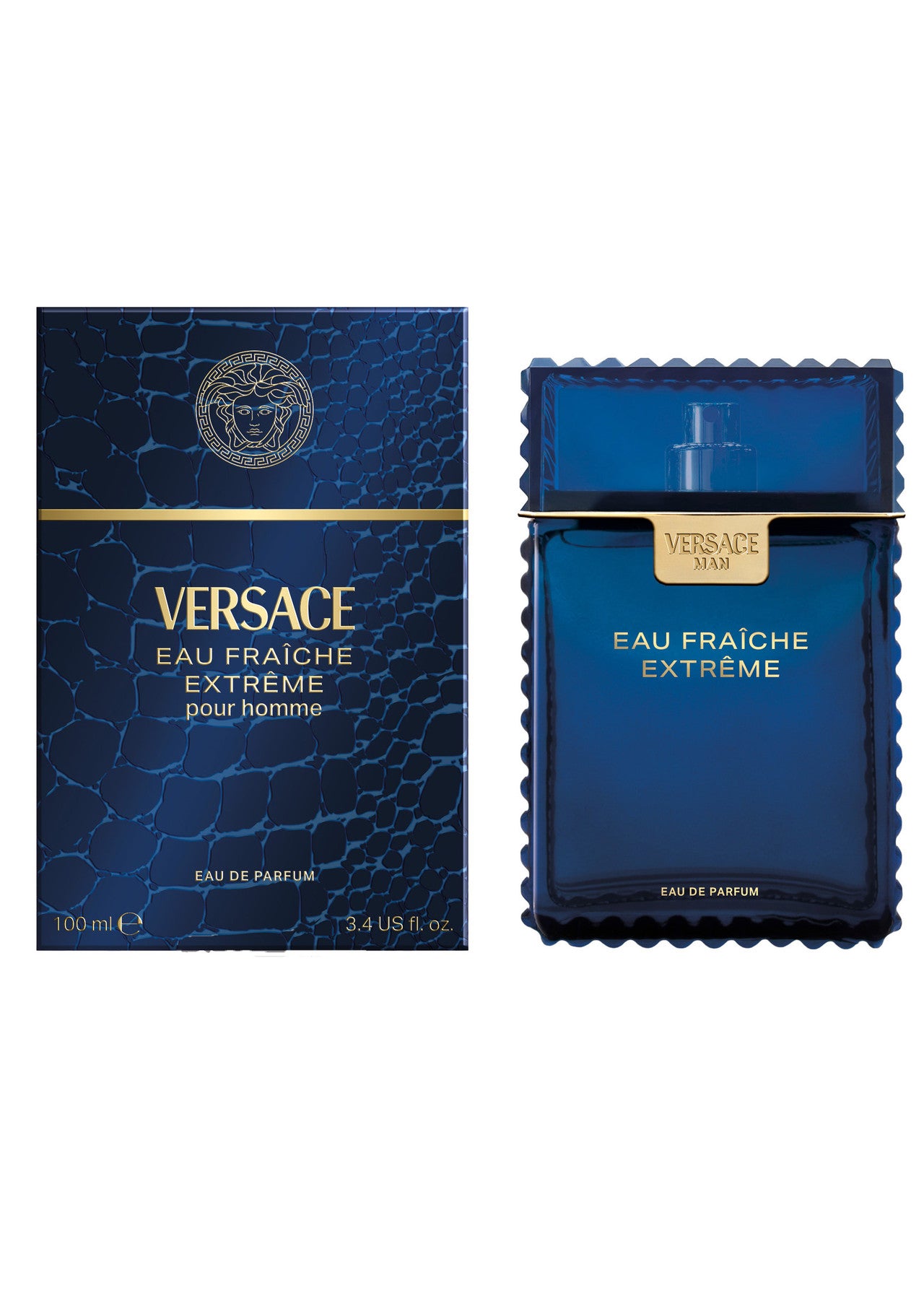 Versace Man Eau Fraîche Extrême 100ml perfume set showing the dark blue croco-patterned box with a gold Medusa logo alongside the matching blue serrated bottle.