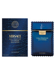 Versace Man Eau Fraîche Extrême 100ml perfume set showing the dark blue croco-patterned box with a gold Medusa logo alongside the matching blue serrated bottle.