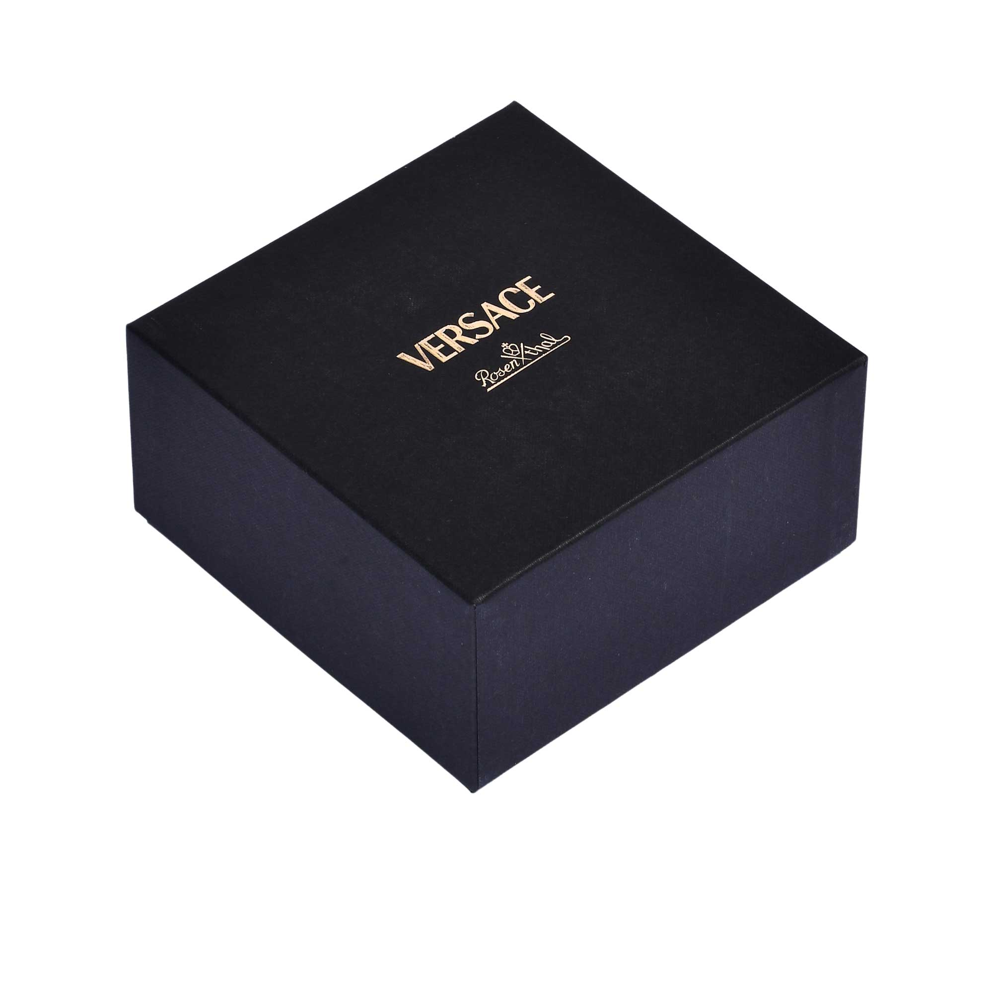 A closed, square black gift box featuring the Versace and Rosenthal logos in gold foil.