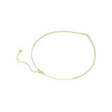 A three-quarter perspective studio view of the Swarovski Mesmera necklace, emphasizing the subtle dip of the V-shaped centerpiece and the secure lobster clasp alignment on the gold link chain.