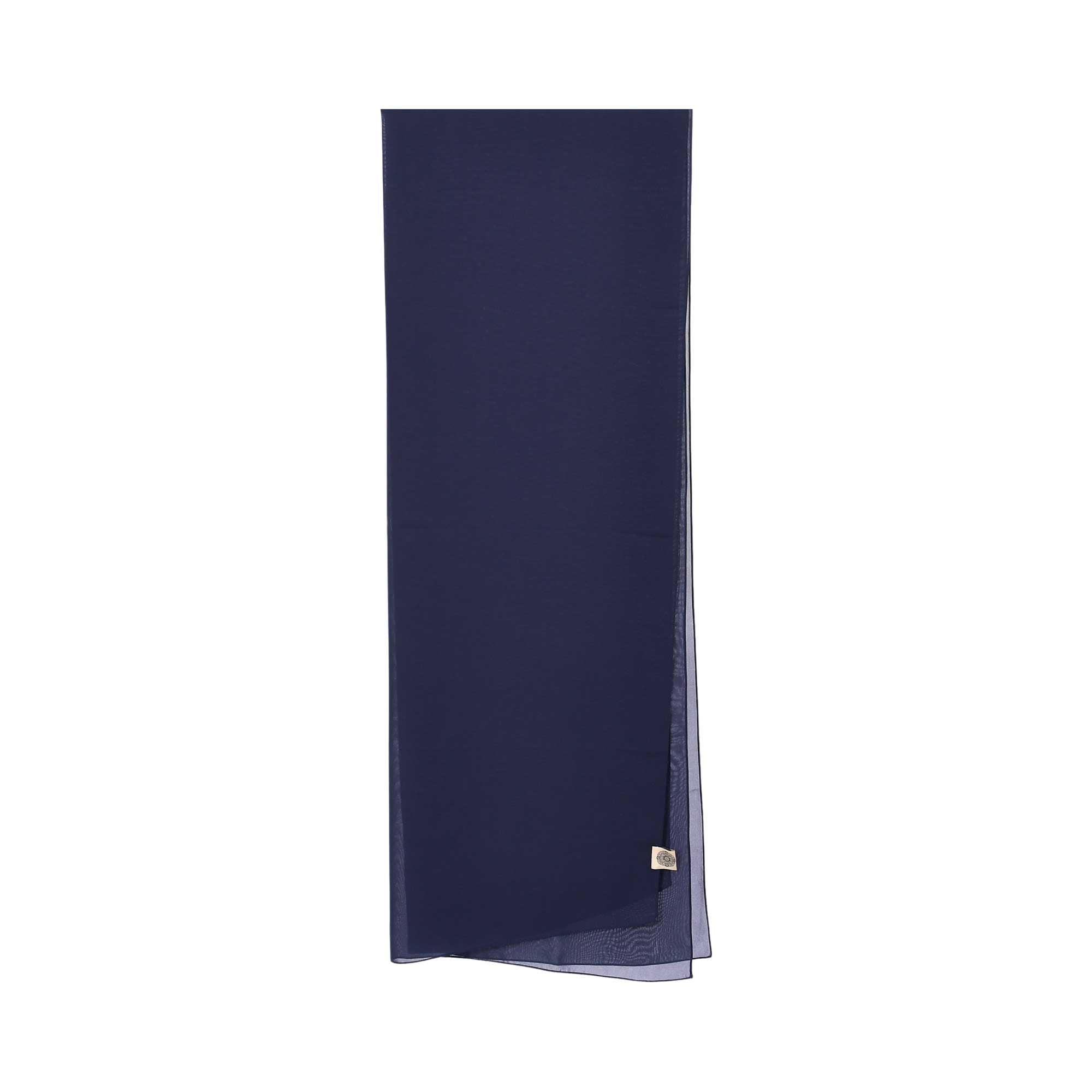 View of the scarf of the Nero women's fur-trimmed luxury abaya in Navy Blue with ribbed fur trim. Shop the Latest Online.