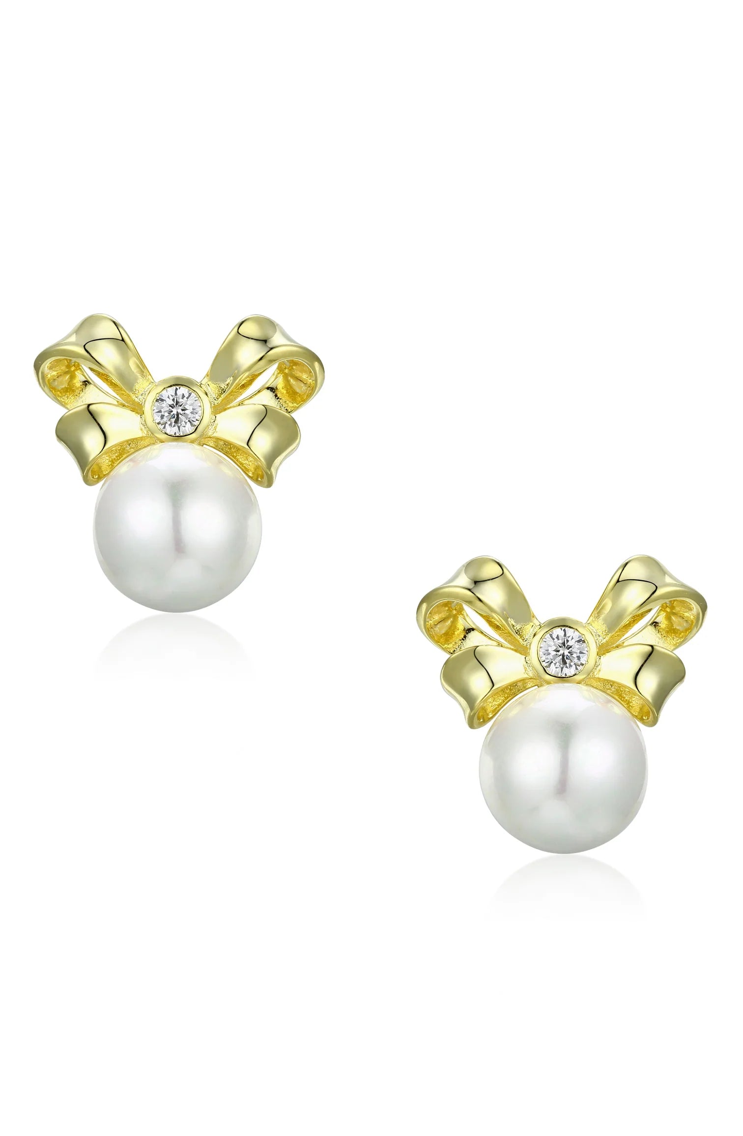 Pair of gold-plated stud earrings, each featuring a shiny gold bow with a clear crystal, suspending a white spherical pearl.