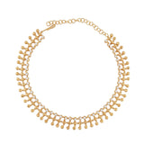 Gold-toned mesh orbs choker necklace with small white pearls and an adjustable chain extender with a hook clasp.