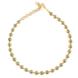Gold-toned necklace with round turquoise stones embedded in textured orbs, featuring an adjustable chain and hook clasp
