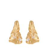 Pair of gold-toned textured petal earrings with embedded white cultured pearls.