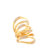 Gold-toned multi-wave long ring featuring several bands embellished with rows of clear pave stones