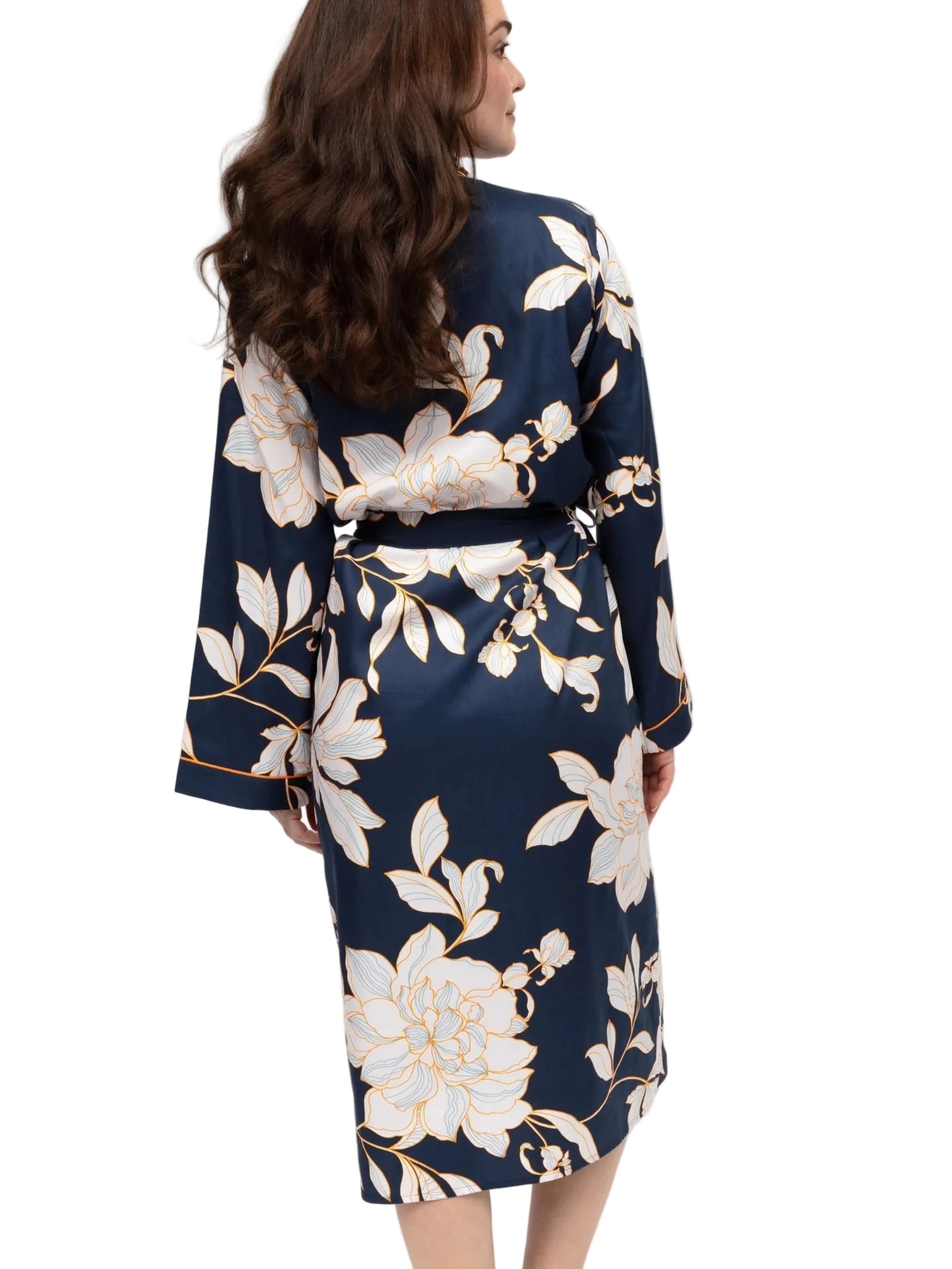Navy long dressing gown with white and light blue floral print, gold-toned outlines, long sleeves with piping, and a self-tie