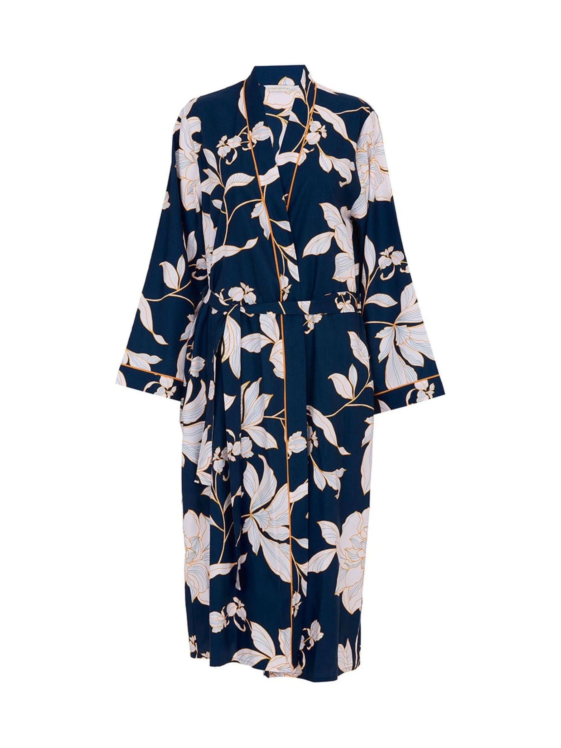 Navy long dressing gown with white and light blue floral print outlined in gold-toned lines, self-tie belt, and gold-toned pi
