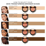 Round bronzer compact with a dark brown lid, gold-toned emblem, black base, and a peach-brown powder with a wave pattern.