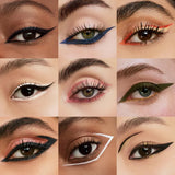 Eyeliner in various shades including black, blue, orange, white, pink, olive green, and gold-toned, creating diverse line sty