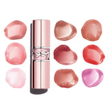 A cylindrical, metallic rose-gold lip balm tube with a silver-toned band featuring the YSL logo cutout.