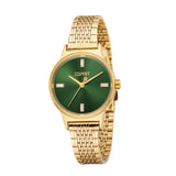 Frontal studio image focusing entirely on the Esprit Violet ladies watch, emphasizing the contrast between the yellow gold-plated case, multi-link band, and the four crystal markers on the round green face.
