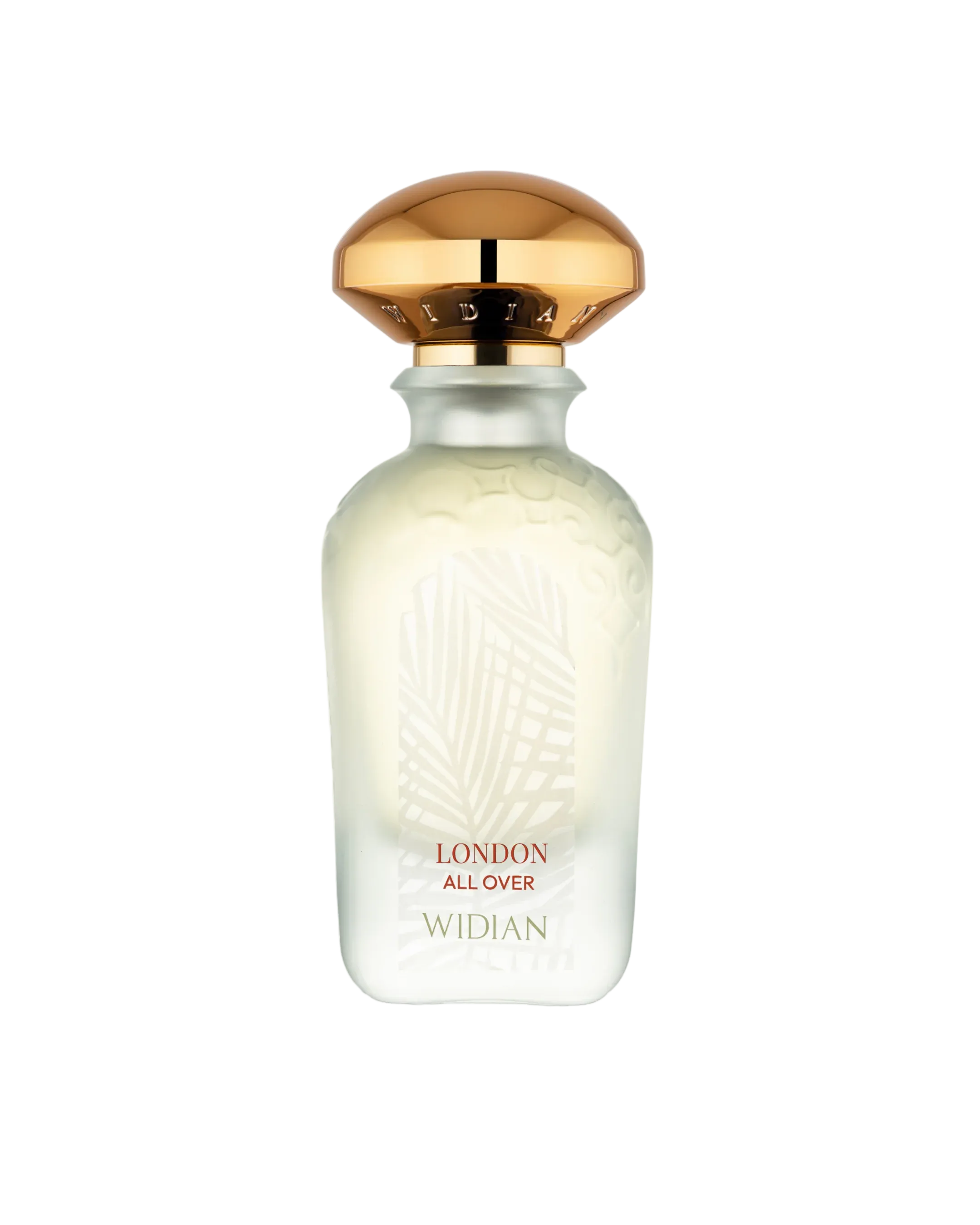 Widian London All Over body spray or fragrance presented in a frosted translucent glass bottle featuring a delicate palm leaf graphic print, complete with a signature metallic gold dome cap, available at blue salon.