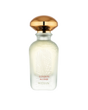 Widian London All Over body spray or fragrance presented in a frosted translucent glass bottle featuring a delicate palm leaf graphic print, complete with a signature metallic gold dome cap, available at blue salon.