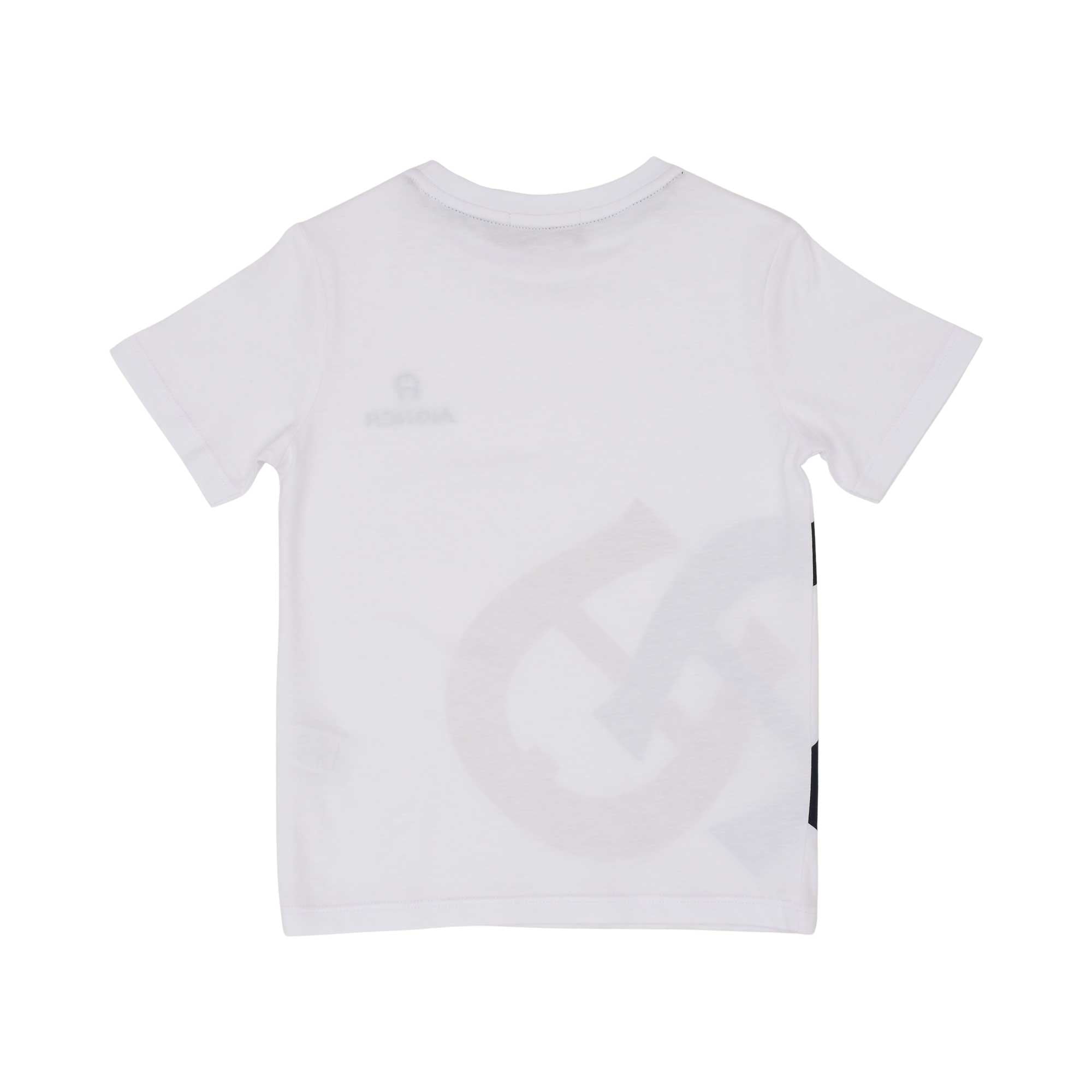 White t-shirt logo print back View of the Aigner Kids boys white t-shirt beige cargo bermuda set. Shop the Collection Online
