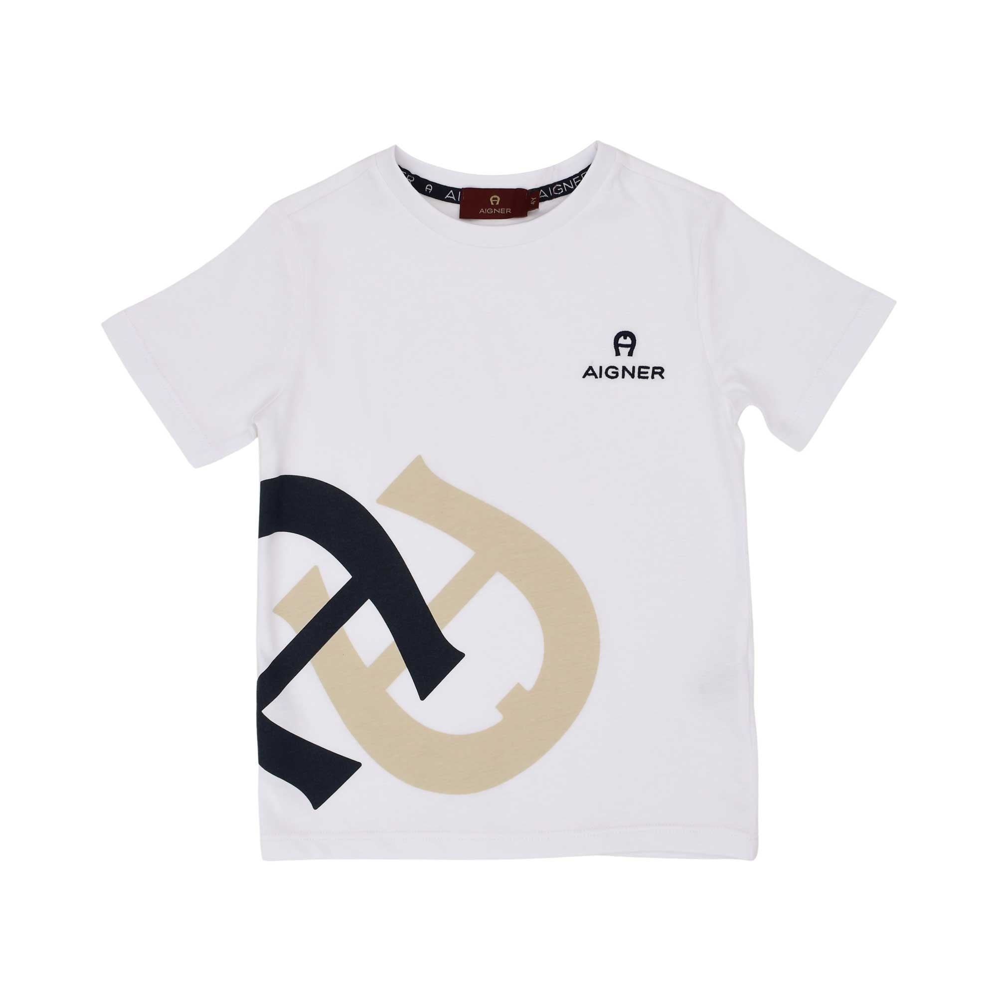 White t-shirt logo print front View of the Aigner Kids boys white t-shirt beige cargo bermuda set. Shop the Collection Online