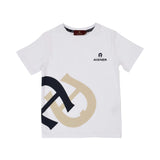 White t-shirt logo print front View of the Aigner Kids boys white t-shirt beige cargo bermuda set. Shop the Collection Online