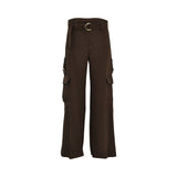 Ermanno Firenze dark brown high-waisted cargo trousers with wide-leg cut, side pockets, and gold-buckle fabric belt. Available for Online Purchase.