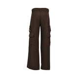 Ermanno Firenze dark brown high-waisted cargo trousers with wide-leg cut, side pockets, and gold-buckle fabric belt. Available for Online Purchase.