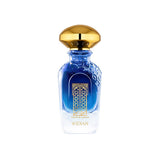 Widian Granada Extrait de Parfum showcased in an elegant blue ombré glass bottle that fades to clear at the base, detailed with an intricate gold archway design and crowned with a polished gold metallic cap, available at blue salon.