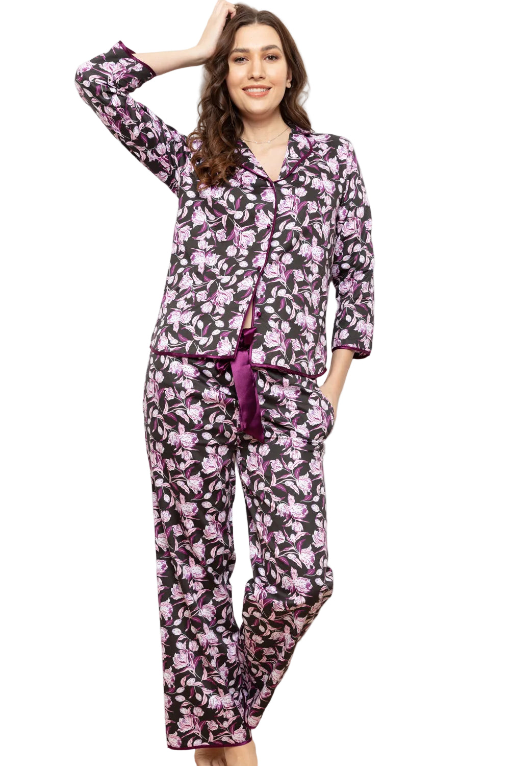 Plum and pink floral print long-sleeved pyjama top and matching trousers with satin piping and waist tie.