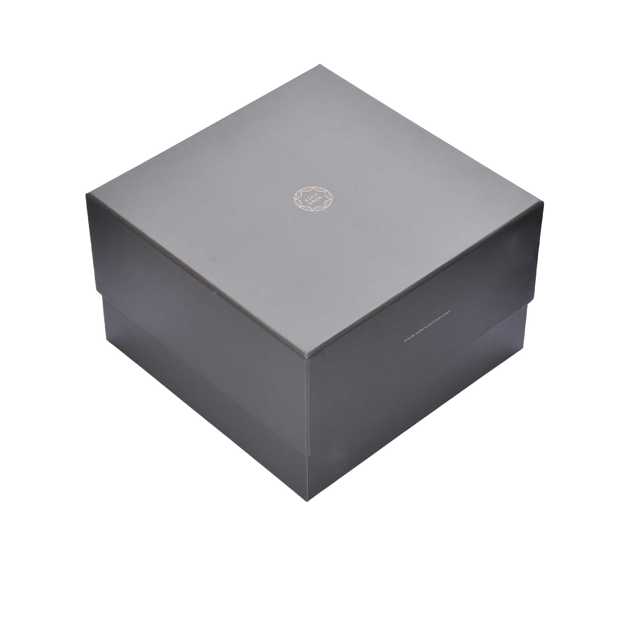 Gray gift box with a brand logo on a white background.