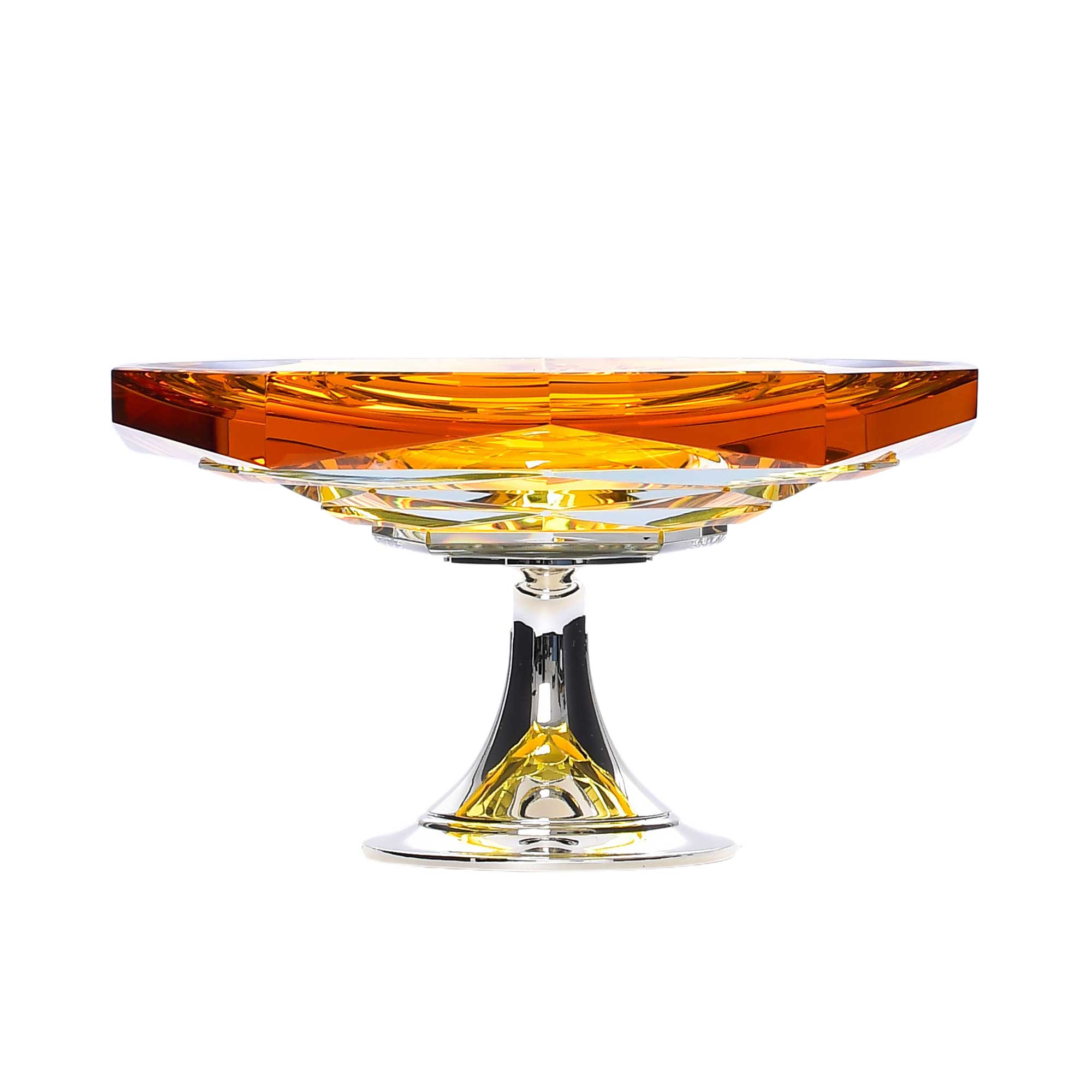 A two-tiered silver display stand with mirrored surfaces and crystal-encrusted circular rails on a white background.