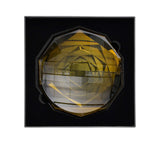 Geometric yellow object with black frame on a white background.