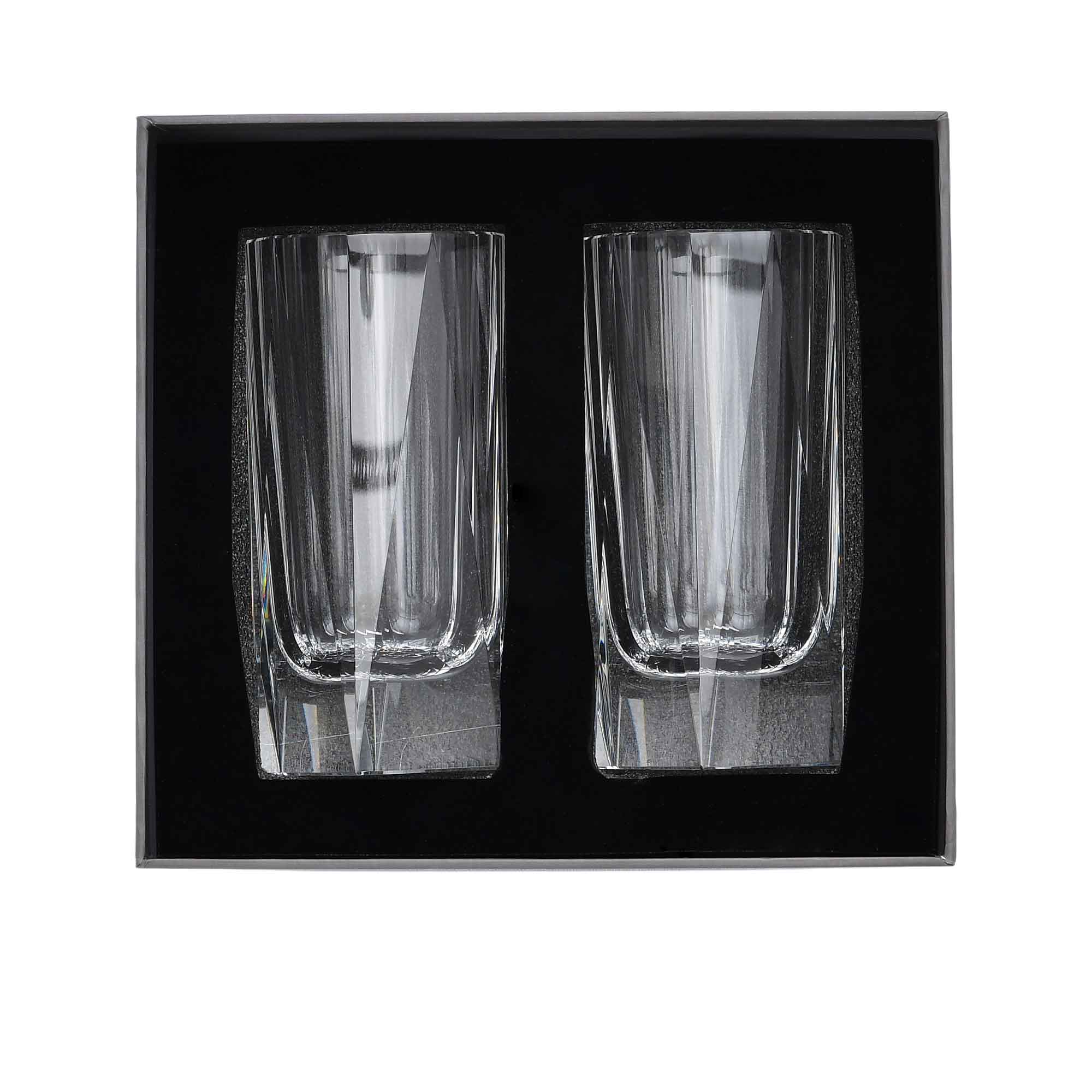 A premium charcoal grey gift box with the brand logo, containing two crystal glasses safely nestled in a black foam insert.