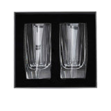 A premium charcoal grey gift box with the brand logo, containing two crystal glasses safely nestled in a black foam insert.