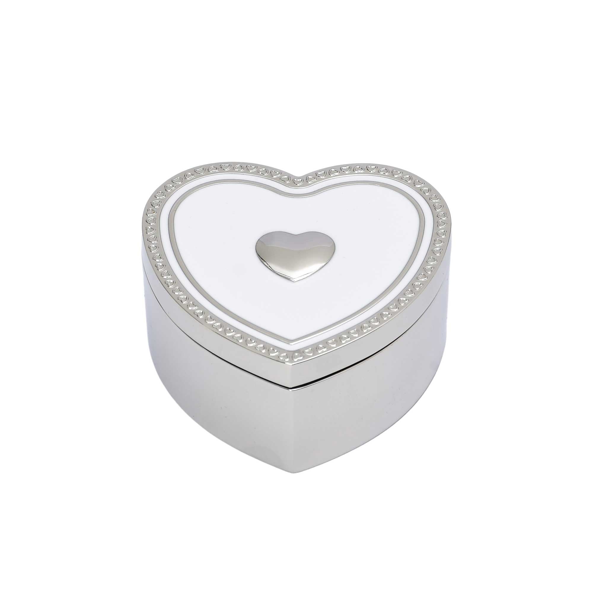 A polished silver heart-shaped trinket box featuring a white enamel lid with an embossed heart border and central silver heart motif.