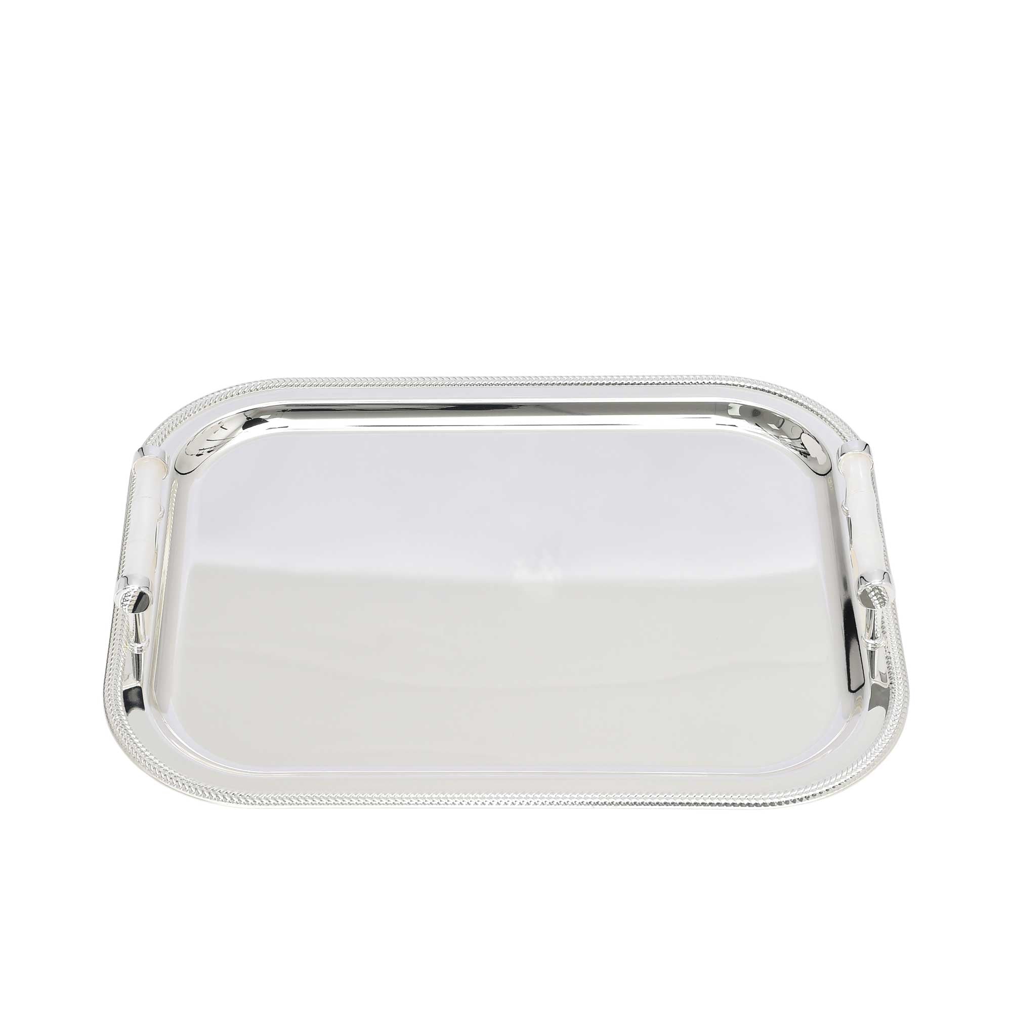 A rectangular silver-toned tray with a mirrored base and crystal-encrusted sides, reflecting a bright, clean background.