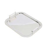 Silver rectangular tray with a handle on a white background.
