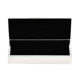 A high-angle shot of the open box showing the precision hinge and the slim, elegant profile.