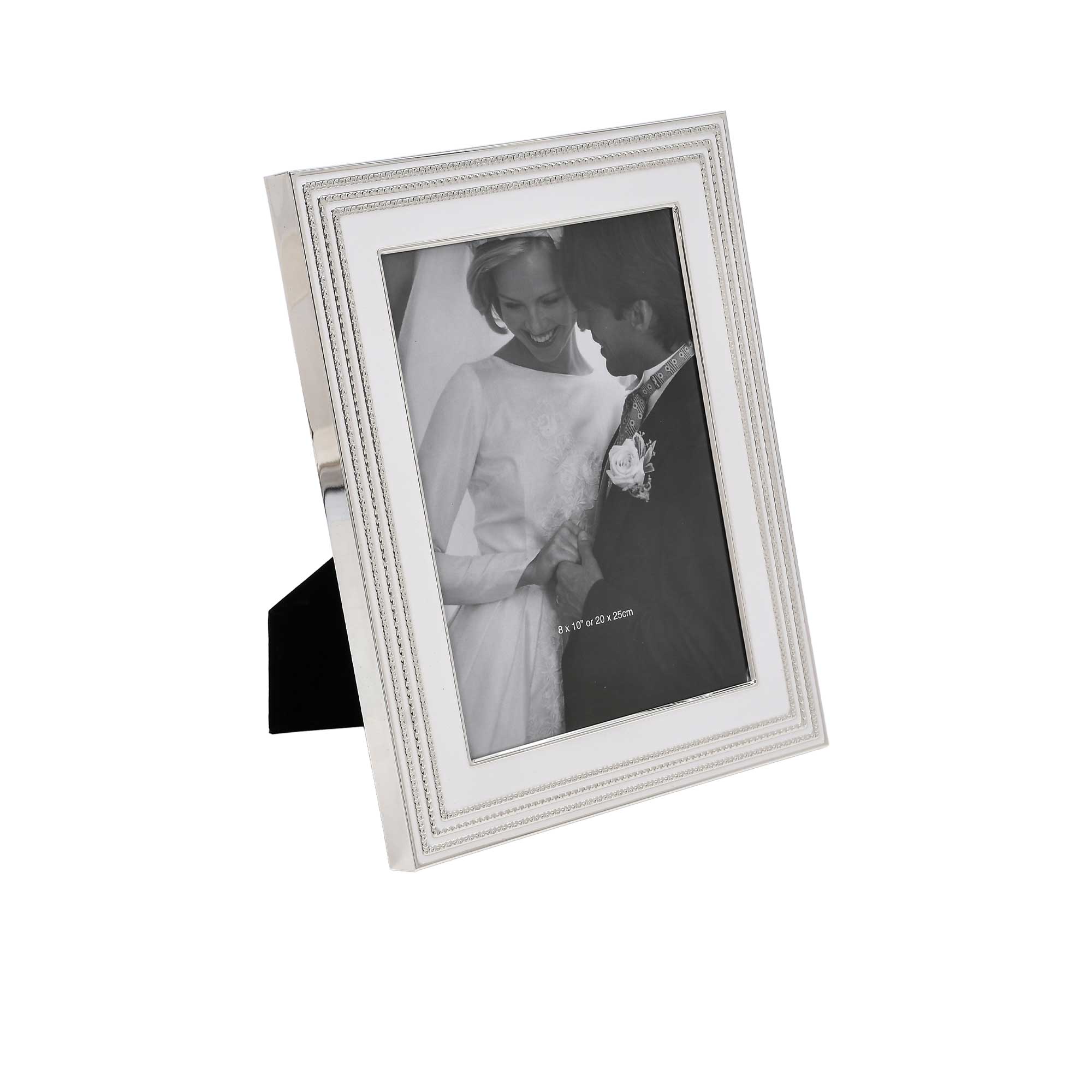 Silver photo frame with a black and white photograph of a couple on a white background