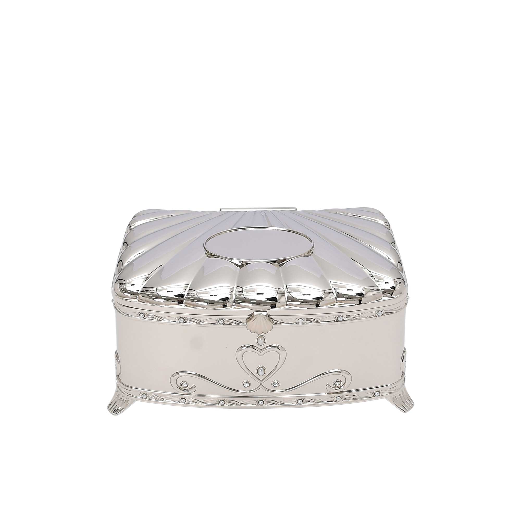 A decorative silver jewelry box featuring a scalloped shell-style lid and heart-shaped engravings on elegant curved feet.