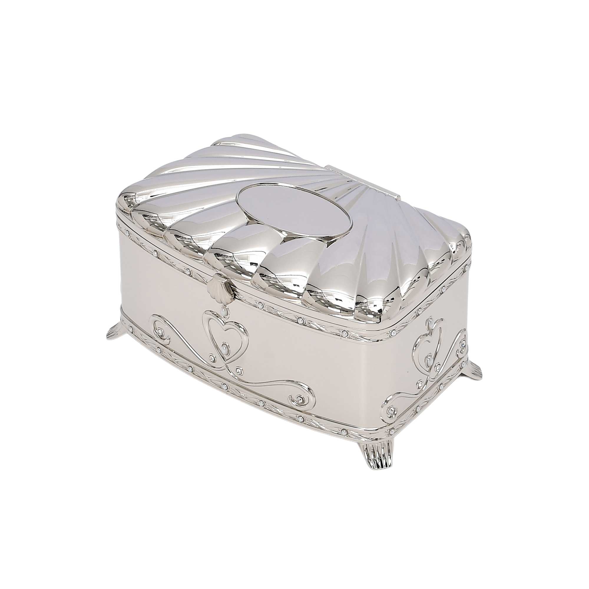 Silver jewelry box with decorative elements on a white background.