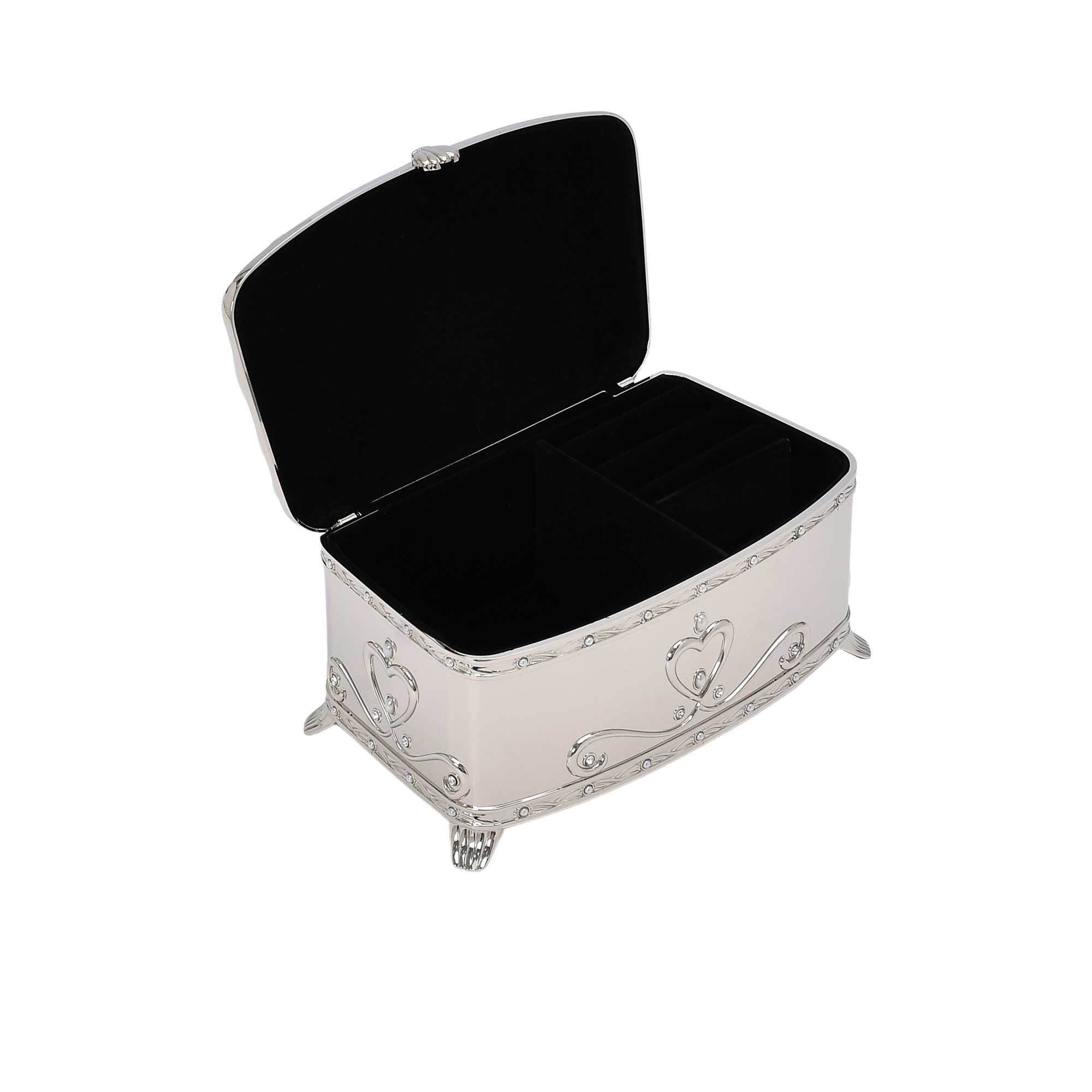 Decorative jewelry box with open lid on a white background.
