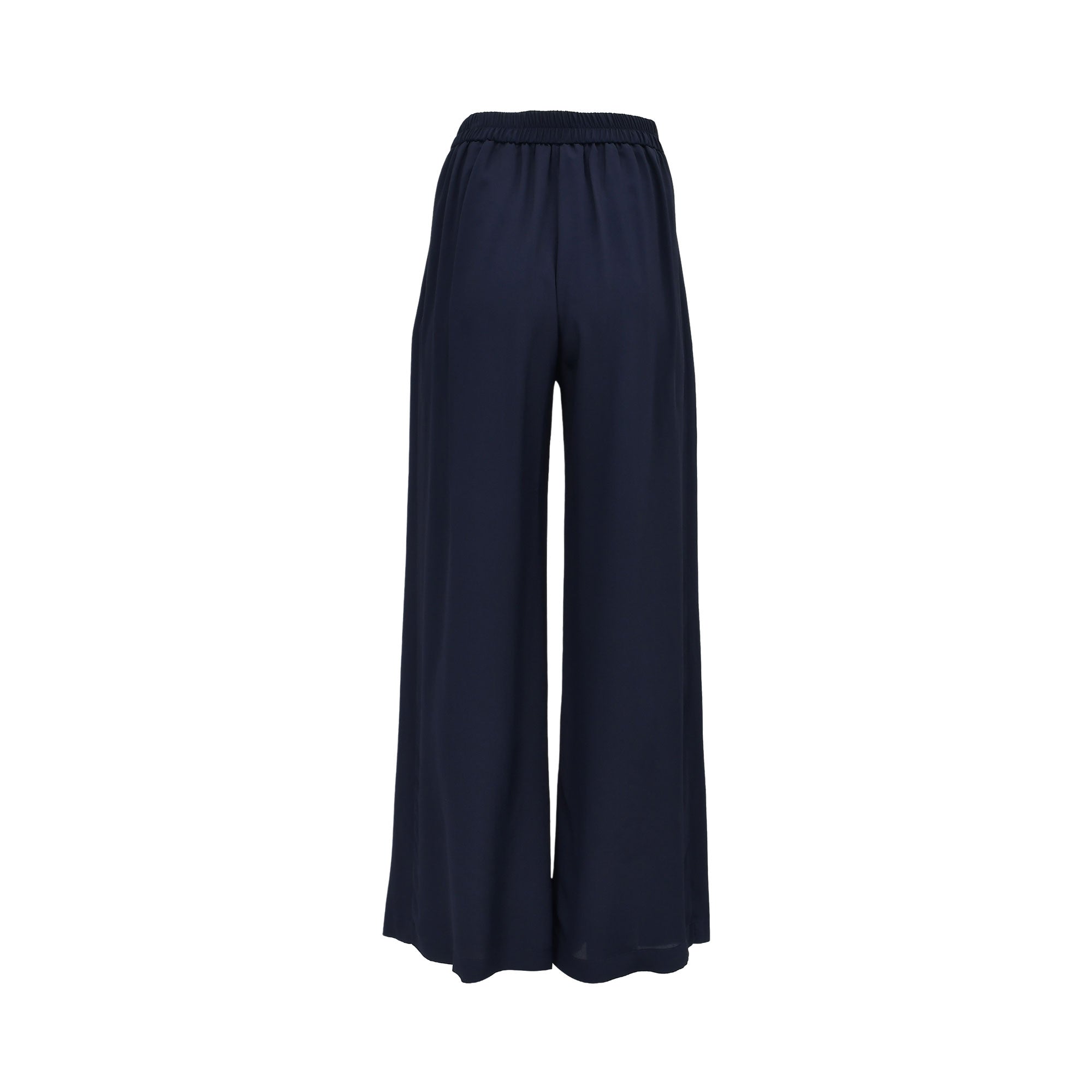 Back view of the Momonì navy blue wide-leg trousers, highlighting a gathered elasticated waistband and the relaxed, floor-length flow of the lightweight fabric.