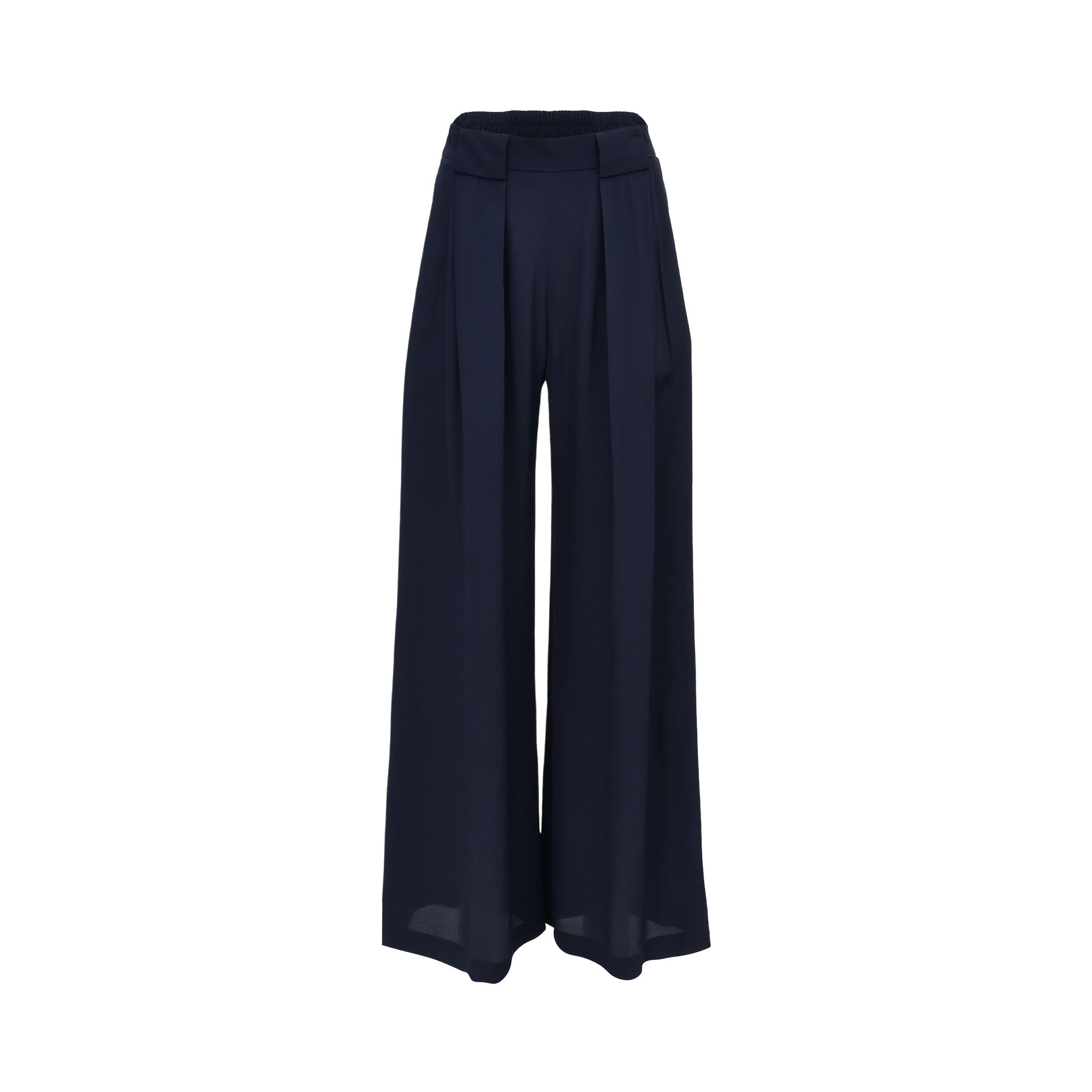 Front view of a pair of women's Momonì wide-leg trousers in solid navy blue, showcasing a flat high waistband and deep, structured box pleats that drape down to a fluid, loose hemline.